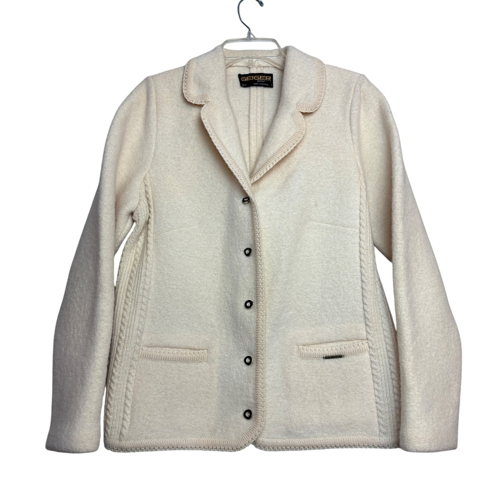 Geiger‎ Tyrol Boiled Wool Jacket Womens 44 M Cream Austrian Cable Knit Old Money